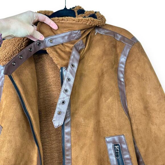 Rockstar Original Brown Suede Sherpa Lined Moto Heavy Zip Front Coat Size XL - Picture 3 of 8